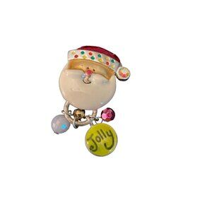 AJMC Signed Jolly Santa Brooch Silver Tone Bell Enameled Hat Beard Rhinestone